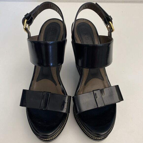 MARNI Sandal Wedge Open Toe Platform Ankle Strap Bow Black Leather 8 - Picture 4 of 10